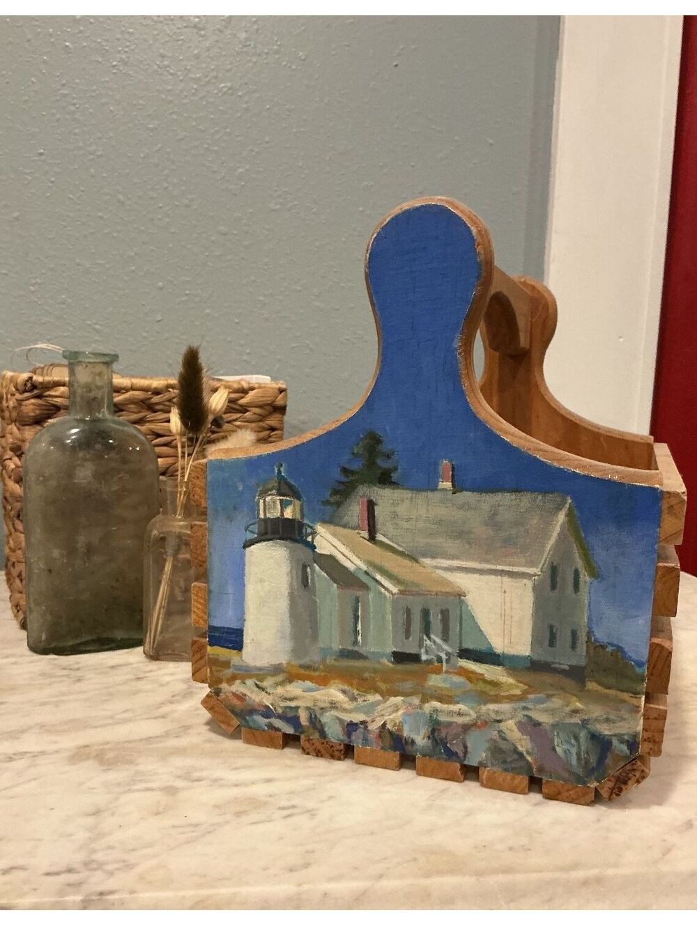 Vintage Hand Painted Maine Clam Basket Lighthouse Coastal Scene Nautical Decor
